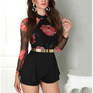 Vrouwen O Hals Open Back Mesh Rompertjes Party Mini Korte Jumpsuit Zomer Vrouwelijke Bloemenprint Mesh Knipsel Terug Geplooide Playsuit