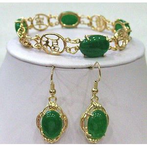 Real-Sieraden Vrouwen Bruiloft Groene Steen Kralen Link Armband Oorbellen Set Bridal Brede Horloge Koningin J