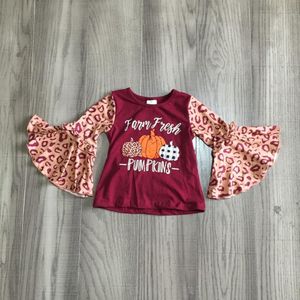 Girlymax Herfst/Winter Baby Meisjes Katoen Flare Mouw Top T-shirt Raglans Luipaard Wijn Pompoen Boerderij Verse Kinderen Kleding