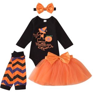 Focusnorm Halloween Pasgeboren Meisjes Jongens Party Kleding Sets Pompoen Print Romper Top Lace Tutu Rokken Hoofdband Beenwarmers