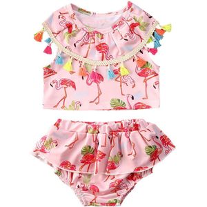 Baby Meisje Roze Flamingo Gedrukt Kwastje Bikini Tankini Sets Baby Kids Zomer Strand Twee Stukken Badpak Badmode Badpak