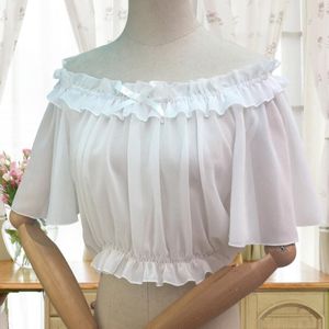 Wit Uit de Schouder vrouwen Chiffon Crop Top Korte Batwing Mouw Chiffon Blouse Lolita Sexy Wit/Zwart classic lolita Top