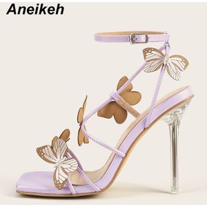 Aneikeh Sandalias Mujer Applicaties Vlinder Smalle Band Mode Zoete Hoge Hakken Vrouwen Schoenen Paars Zomer Hoofd Peep Toe