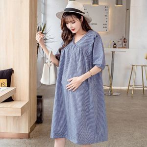 Koreaanse Moederschap Clothings Jurken Zwangerschap Jurk Plaid Losse Jurk V-hals Elegante Moederschap Jurken voor Zwangere Vrouwen