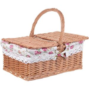 Vierkante Wilg Picknickmand Mand Winkelmandje Tas Met Deksel En Bloemen Liner Voor Outdoor Camping Picknick 40*30*20Cm