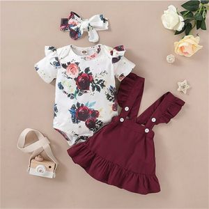 Baby Zomer Kleding Pasgeboren Baby Meisjes 3Pcs Set Outfits Korte Mouw Bloemen Romper Overall Straped Rokken Hoofdband