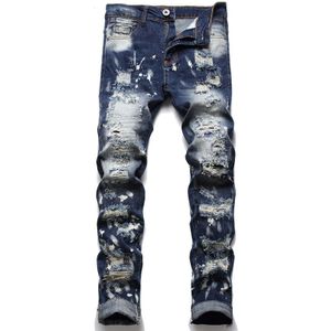 Mannen Gescheurde Jeans Gaten Verontruste Patchwork Borduurwerk Denim Broek Slim Blue Stretch Broek
