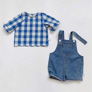 2 Stuks Baby Meisjes Kleding Sets Mode Herfst Baby Jongens Kleding Plaid Tshirt Jeans Overalls Baby Kleding Voor Baby Kostuum