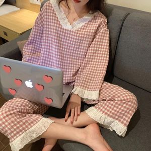 Pajama Sets Plaid V-Neck Sleepwear Lace Patchwork Sweet Loose Breathable Korean Ulzzang Kawaii Womens Home Wear Leisure Chic