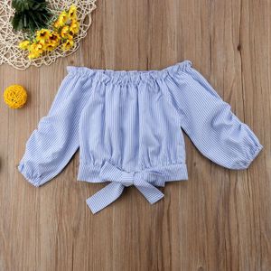 Peuter Baby Kid Meisjes Off Shoulder Blauw Wit Gestreepte Lange Mouwen Tops T-shirt T-shirt