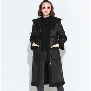 Winter Warm Faux Pu Leer Binnen Bont Schapenvacht Parka Vrouwen Motorfiets Lange Jas Vrouwelijke Jas Black Bomber Biker Kleding