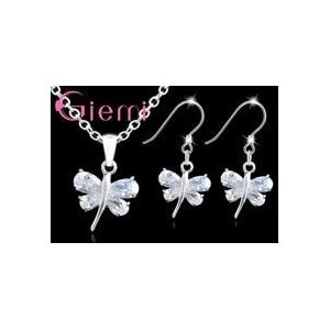 Mooie Dragonfly Oorbellen Ketting Hanger Sieraden Sets 925 Sterling Silver Hard Zirconia Crystal Voor Vrouwen Vrouwelijke