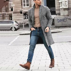 Koreaanse Mannen Wol Blends Jassen Overjas Mannelijke Winter Warme Kleding Wollen Uitloper Lange Zwart Wit Plaid Blends Man Jas Plus size