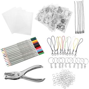 156/182 Pcs Krimpkous Vel Plastic Kit Shrinky Art Papier Perforator Sleutelhangers Potloden Diy Tekening Art Supply Krimpkous