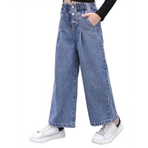 Meisjes Lente &amp; Herfst Stijlvolle Jeans Elastische Tailleband Zakken Hoge Taille Broek Losse Rechte Wijde Pijpen Broek Elastische Streetwear