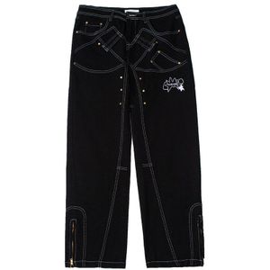 Top Stitch Denim Broek Heren High Street Split-Zoom Losse Rechte Pijpen Broek Streetwear Casual Jeans Broek Mannen