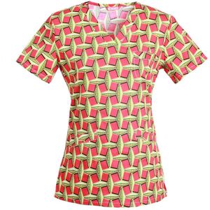 Vrouwen Print Verpleging Uniform Blouse Korte Mouwen Werken Top Met Zakken