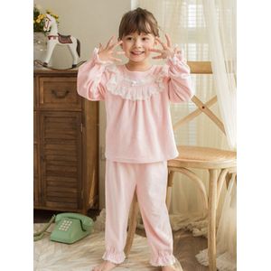 Herfst Winter Kinderen Meisje Lolita Roze Fluwelen Pyjama Sets. Kant Tops + Broek. Vintage Peuter Kid Pyjama Set. Warm Sleep Loungewear