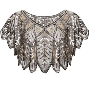 Womens Dames Vintage 1920S Pailletten Kralen See-Through Sjaal Trui Mesh Avond Cape Wraps Flapper Cover Up Party jurk Wrap