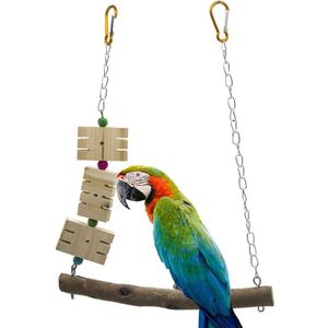 Vogel Papegaai Swing Baars Kooi Opknoping Snavel Voeten Slijpen Speelgoed Natuurlijke Hout Stand Met Chew Blokken Voor Conures Parkieten Valkparkieten