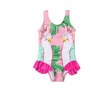 0-24 m Baby Meisjes Dubbele Papegaaien Gedrukt Bikini Set Backless Mouwloze Ruches Badmode Een stuk Badpak Strand badpak