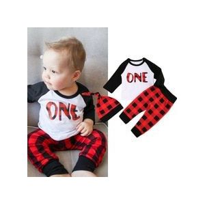 0-24 maanden Baby Jongen 1st Verjaardag Outfits Brief Nummer Een Print T-shirt Plaids Broek Broek 2 STUKS Sets