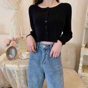 Vrouwen O-hals Gebreide Volledige Mouw Cropped Truien Vesten Lady Knit Korte Rekbare Dunne Zomer Knitwear Top Voor Vrouwelijke