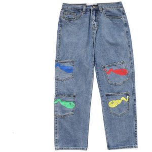 High Street Kikkervisje Print Multi-Zakken Graffiti Jeans Broek Mannen En Vrouwen Straight Oversize Ripped Hip Hop Denim Broek