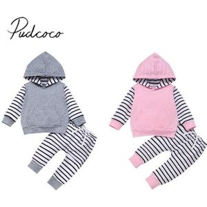 Baby Lente Herfst Kleding 2 STUKS Pasgeboren Baby Jongen Meisje Winter Kleding Set Hooded Pocket Tops Gestreepte Broek Sets outfits