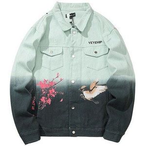 Denim Denim Shirt Mannelijke Vrouwelijke Jas Mannen Casual Mode Oversized Kleurverloop Anti-War Bird Print Denim Jas jas