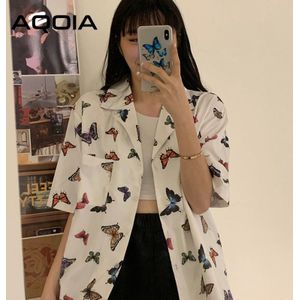 Chic Vitage Korte Mouw Losse Vrouwen Blouse Shirt Vlinder Printing Button Up Zakken Womens Shirts Zomer Ins Blouses