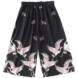 Vrouwen Casual Losse Zachte Elastische Taille Wijde Pijpen Broek Koord Harajuku Japanse Ukiyo-e Crane Palazzo Bijgesneden broek