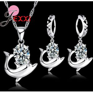 Pretty Cz Zirconia Sieraden Set 925 Sterling Zilveren Romantische Dolfijn Hanger Ketting & Oorbellen Set