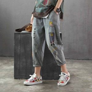 Vrouwen Brand Korea Stijl Vintage Gat Meisje Borduurwerk Enkellange Denim Jeans Vrouwelijke Toevallige Losse Harembroek Broek