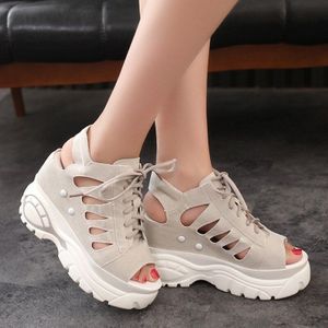 vrouwen hoogte toenemende sandalen Verhoogd vrouwen Helling Water-proof Platform Zomer Casual Schoenen luchtdoorlatende Vis mond