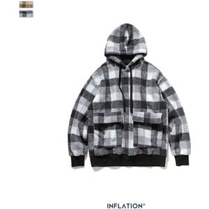 Inflatie Plaid Polar Fleece Hoodie Mannen Streetwear Winter Dikke Capuchon Mannen High Street Hip Hop Oversized Hoodie 9660W