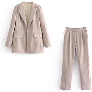 Vintage Chic Groen Gestreepte Pant Suits Zakken Single Button Notched Blazer Zipper Fly Straight Lange Broek Casual Suits