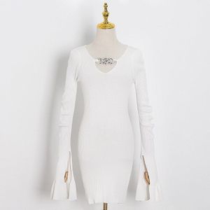 Vgh Slanke Witte Jurk Voor Vrouwen V-hals Flare Mouw Hoge Taille Patchwork Keten Mini Jurken Vrouwelijke Mode Kleding