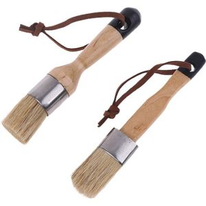 2 Stuks Ronde En Platte Krijt Verf Wax Borstel Ergonomische Houten Handvat Natuurlijke Haren Borstels Meubels Schilderen Waxen Tool N7MD