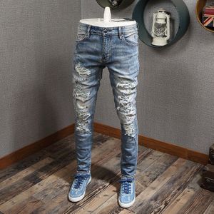 Nieuw High Street Mannen Jeans Licht Blauw Geschilderd Ripped Jeans Mannen Vernietigd Broek Patchwork Hip Hop Jeans Homme