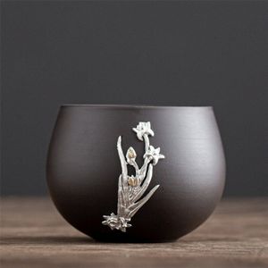 Japanse Stijl Paarse Klei Zilveren Bloem Plum Master Thee Cup Keramische Huishouden Kung Fu Drinkware Creatieve Retro Kantoor Theekopje
