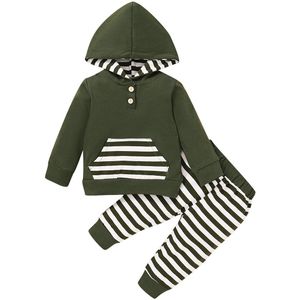 0-24M Baby Jongen Lange Mouwen Broek Pak Grote Pocket Hooded T-shirt En Verse Streep Elastische lange Broek