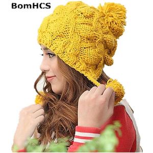 BomHCS 100% Hand Made vrouwen Winer Pompom Hat Warm Gebreide Oorklep Beanie