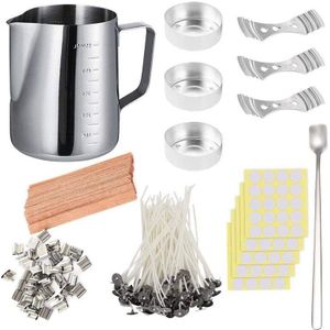 Diy Kaars Maken Set, 550Ml Gieten Pot Met Schaal + 100 Stuks Kaars Wieken + 20Pcs Hout Natuurlijke Kaars Wieken Met Metalen stand