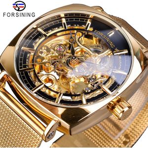 Forsining Mens Mechanische Horloges Vierkante Retro Automatische Skelet Ultra Dunne Zwarte Business Mesh Stalen Riemen Klok Relogio