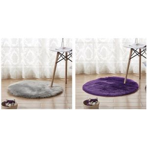 2 Stuks Faux Schapenvacht Wol Ronde Tapijt 30X30 Cm Pluizige Zachte Longhair Decoratieve Tapijt Kussen Stoel Sofa Mat, paars & Grijs