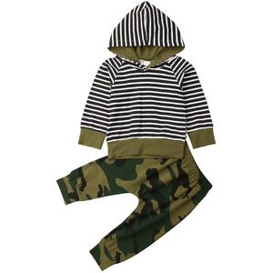 Gloednieuwe Peuter Kids Baby Jongens Kleding Gestreepte Hooded/T-Shirts Tops + Camouflage Print Broek 2 Stuks Patchwork sets 0-24 M