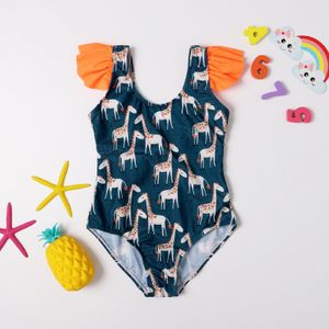 3-7 Jaar Meisje Zwemmen Jumpsuit Zebra Patroon Vliegende Mouw O-hals Uit Een Stuk Badpak En Een Hoed Een stuk Zebra Print Badpak