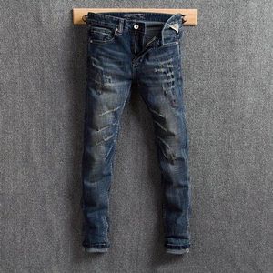 Streetwear Mannen Jeans Donkerblauw Slim Fit Retro Ripped Jeans Mannen Denim Verontruste Broek Vintage Hip Hop Jeans