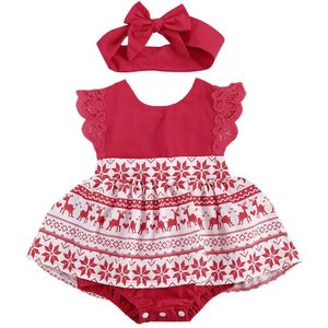 Pasgeboren Baby Meisjes Zomer Kerst Bodysuits Jurk Kant Mouwloze Jumpsuits Hoofdband Xmas Meisjes Santa Outfits